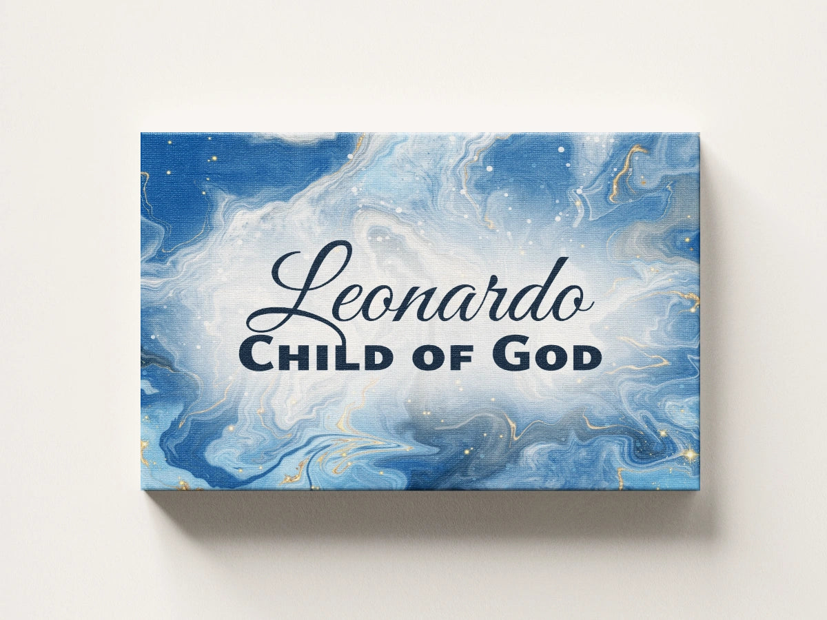 Personalized nursery room wall art printed on a stretched canvas and displayed on a white wall.