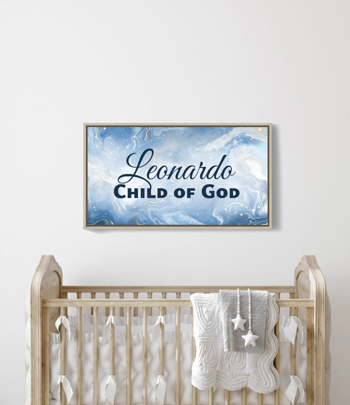 Personalized nursery room wall art printed on a framed, stretched canvas and displayed on a white wall.
