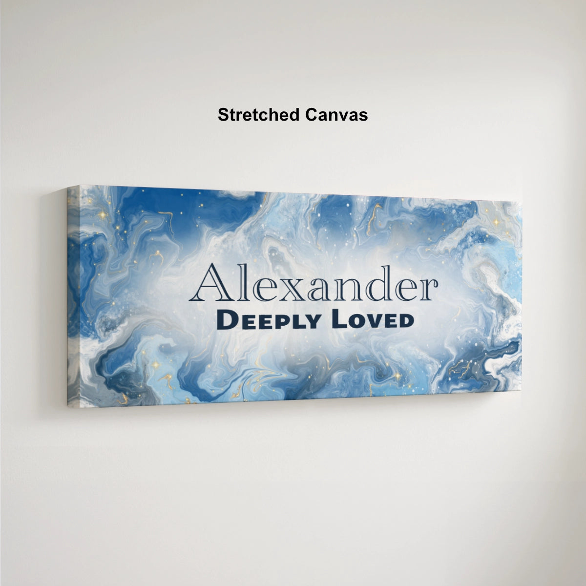 Personalized nursery room art printed on a stretched canvas and displayed on a white wall.