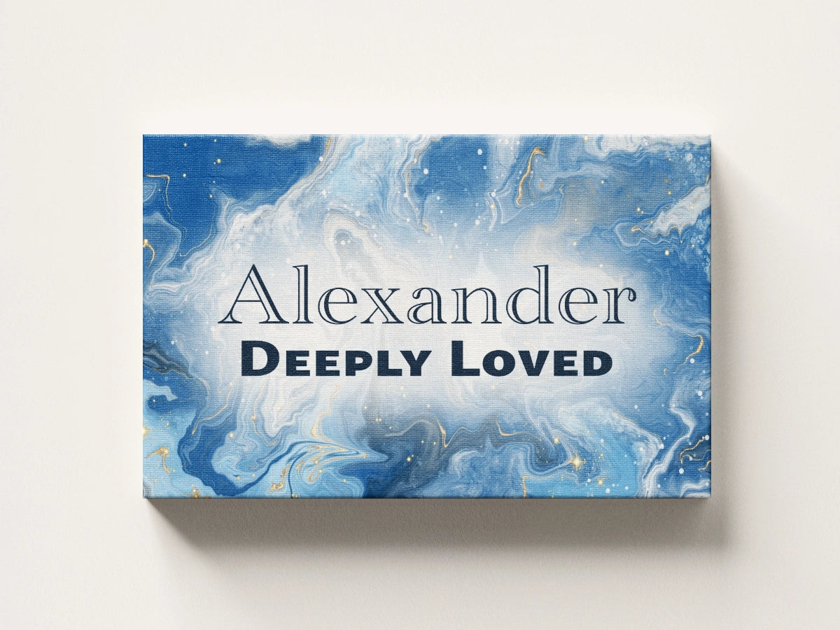 Personalized nursery room wall art printed on a stretched canvas and displayed on a white wall.