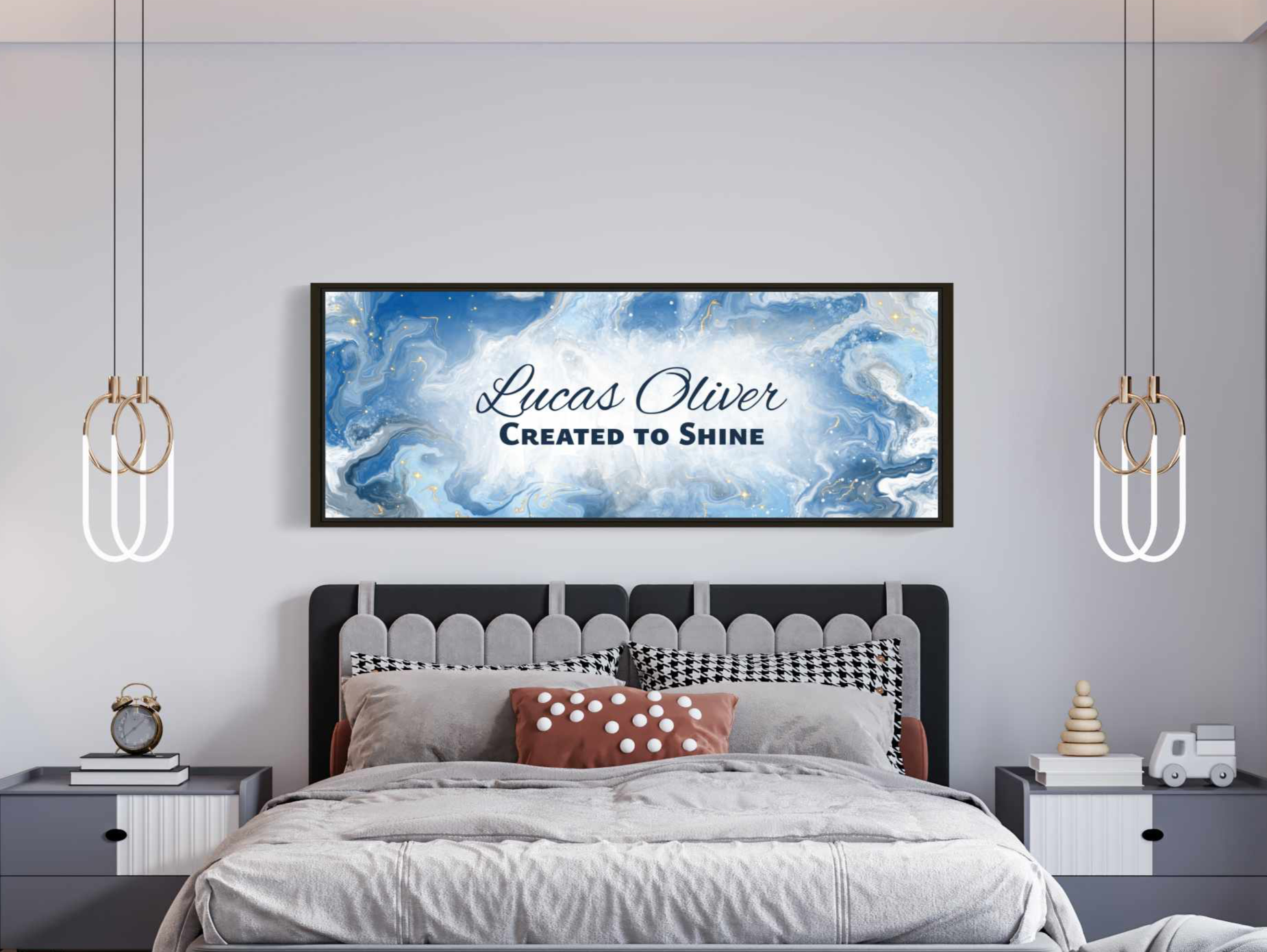 Personalized wall art with ‘Lucas Oliver Created to Shine' text and a black frame in a child's bedroom with gray bedding and two nightstands