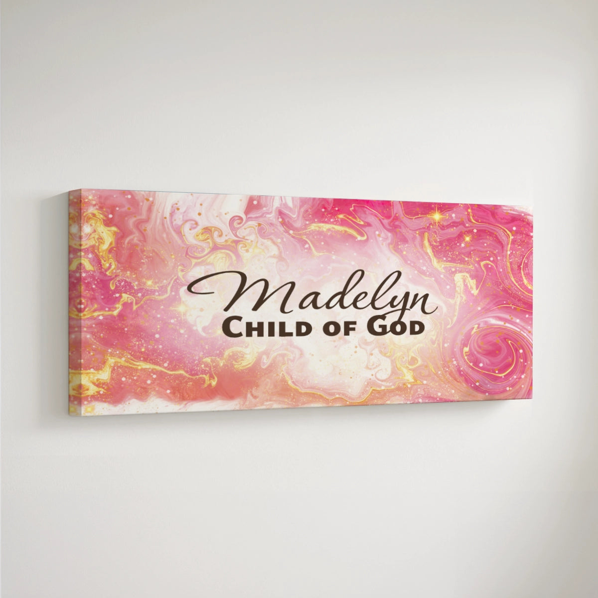 Personalized nursery room art printed on a stretched canvas and displayed on a white wall.