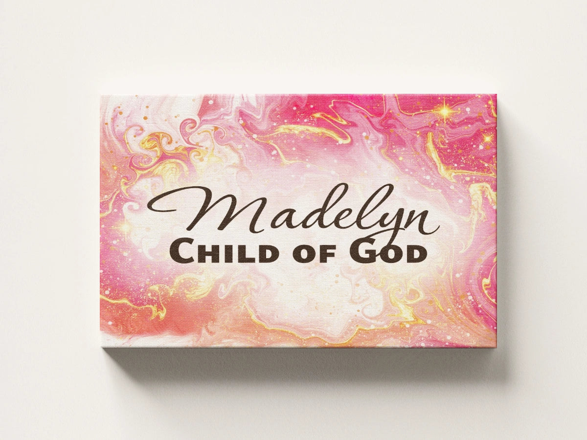 Personalized nursery room wall art printed on a stretched canvas and displayed on a white wall.