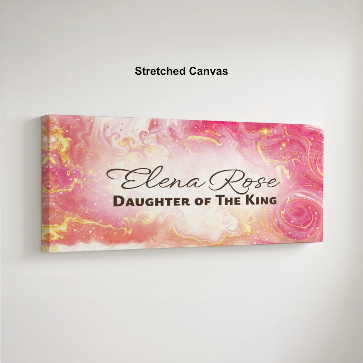 Personalized nursery room art printed on a stretched canvas and displayed on a white wall.