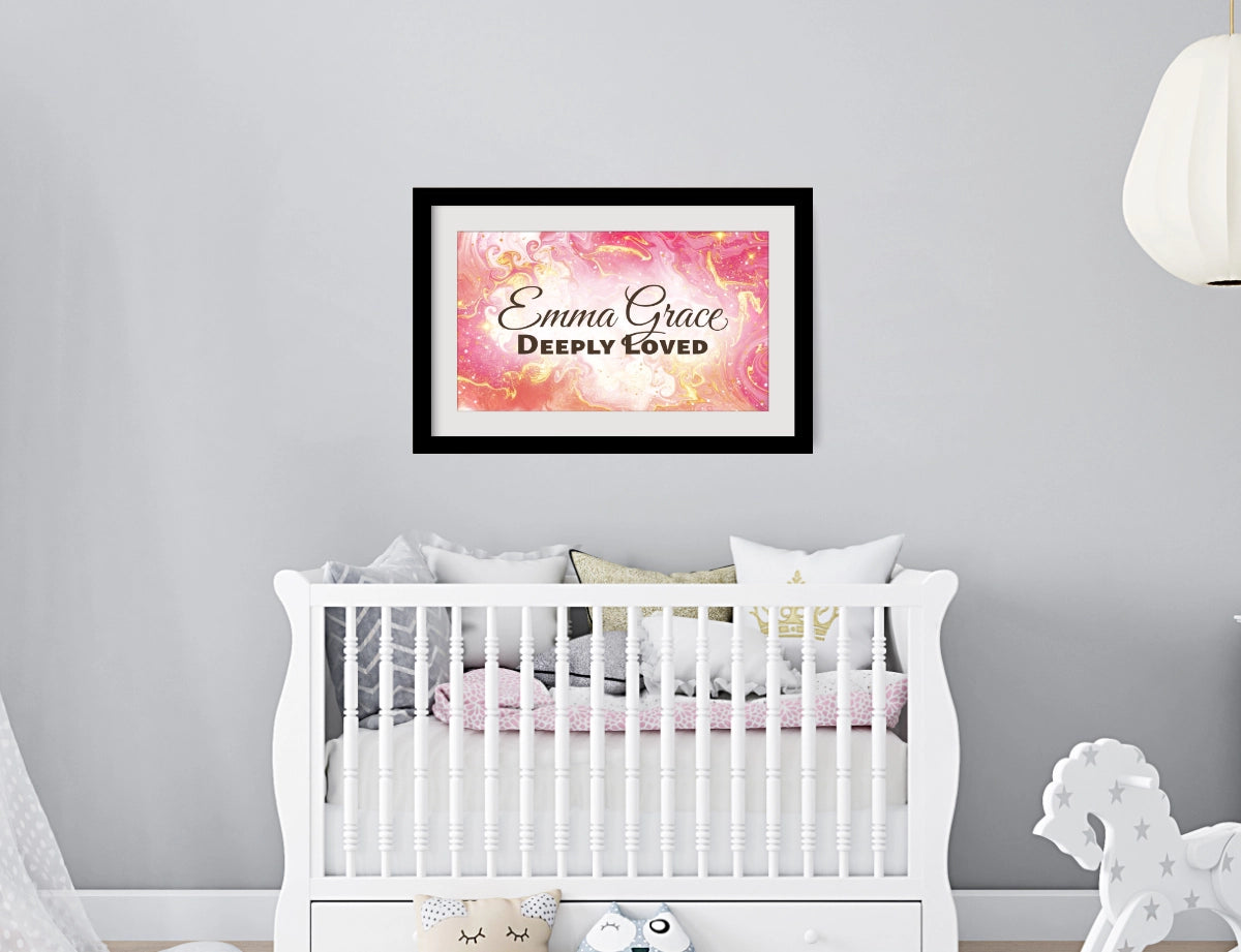 Personalized nursery room wall art printed with a white border, framed and displayed on a wall above a crib.