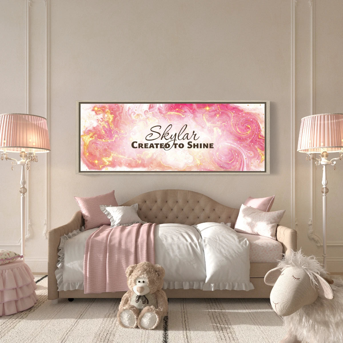 Framed, personalized wall art with ‘Skylar Created to Shine&