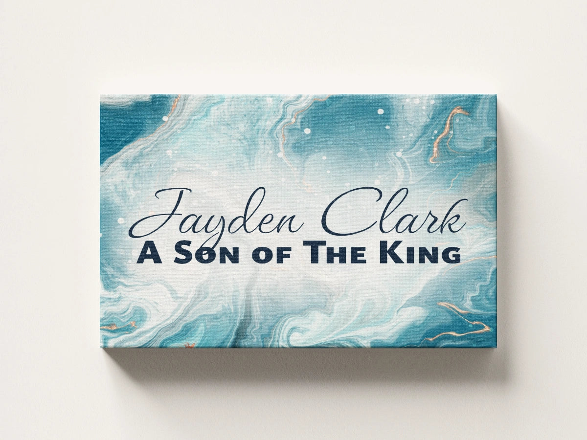 Personalized nursery room wall art printed on a stretched canvas and displayed on a white wall.