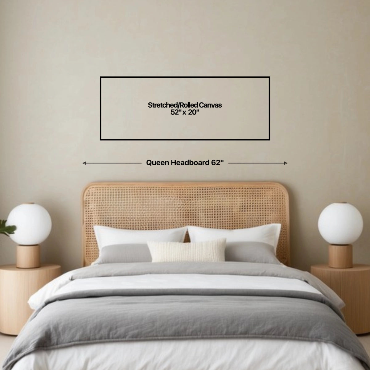 Wall art size guide on a bedroom wall above a queen size bed