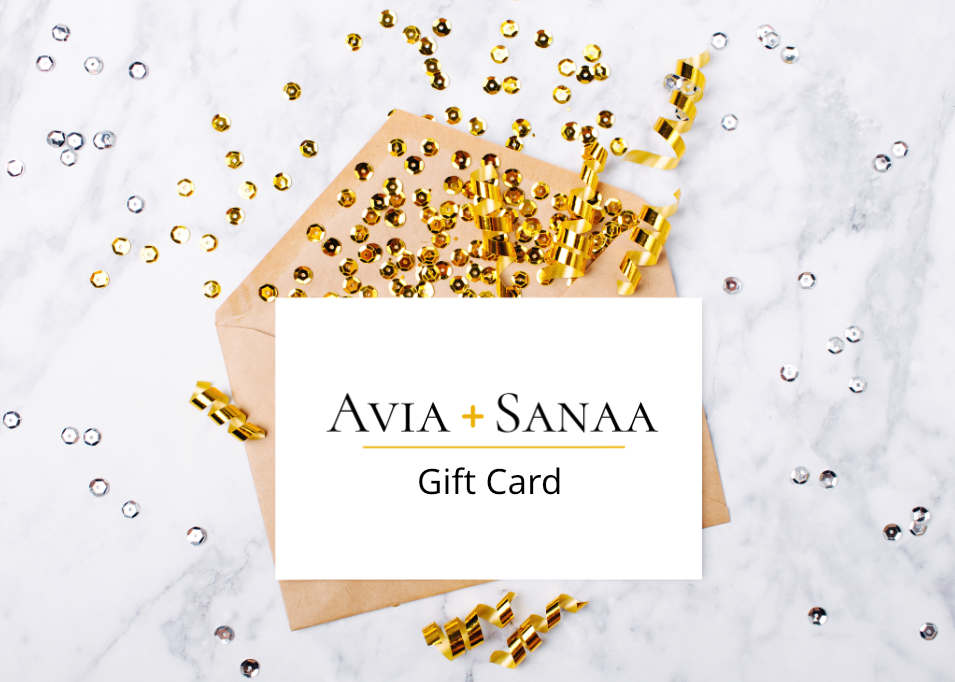 Avia + Sanaa gift card with gold confetti on a white and gray background