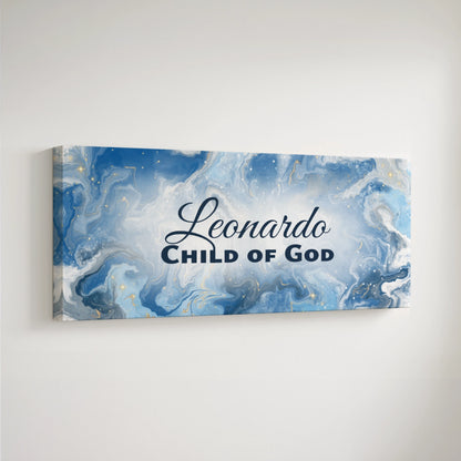 Personalized nursery room art printed on a stretched canvas and displayed on a white wall.