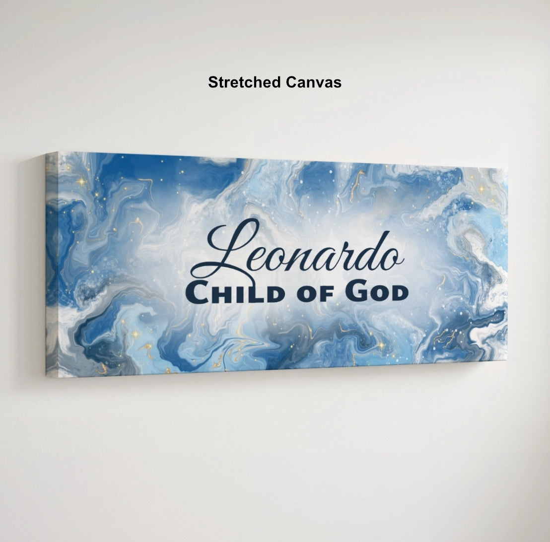 Personalized nursery room art printed on a stretched canvas and displayed on a white wall.
