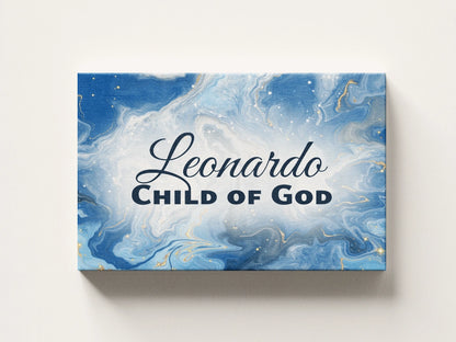 Personalized nursery room wall art printed on a stretched canvas and displayed on a white wall.