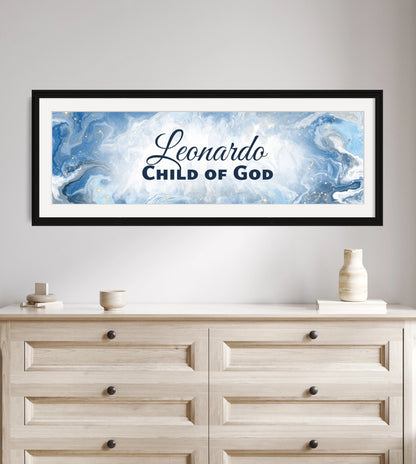 Personalized Christian nursery decor above a wooden dresser.