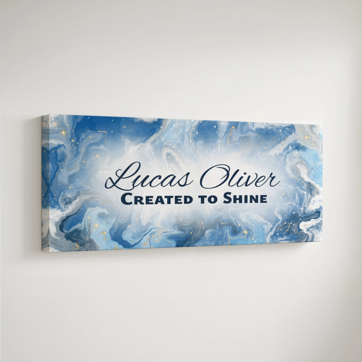 Personalized nursery room wall art printed on a stretched canvas and displayed on a white wall.