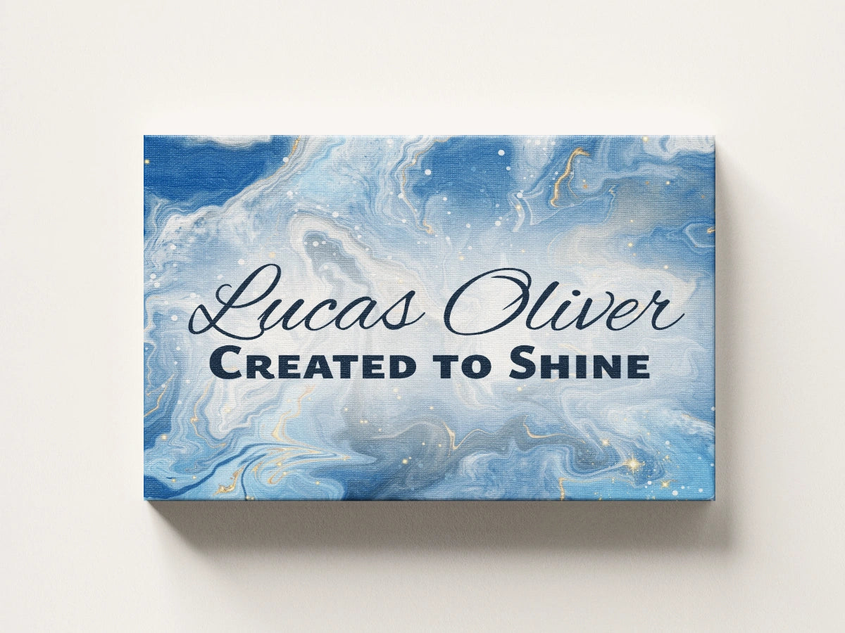 Personalized nursery room wall art printed on a stretched canvas and displayed on a white wall.