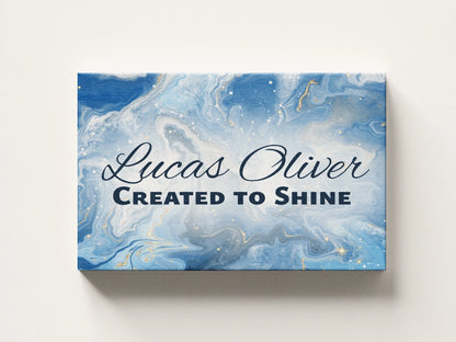 Personalized nursery room wall art printed on a stretched canvas and displayed on a white wall.