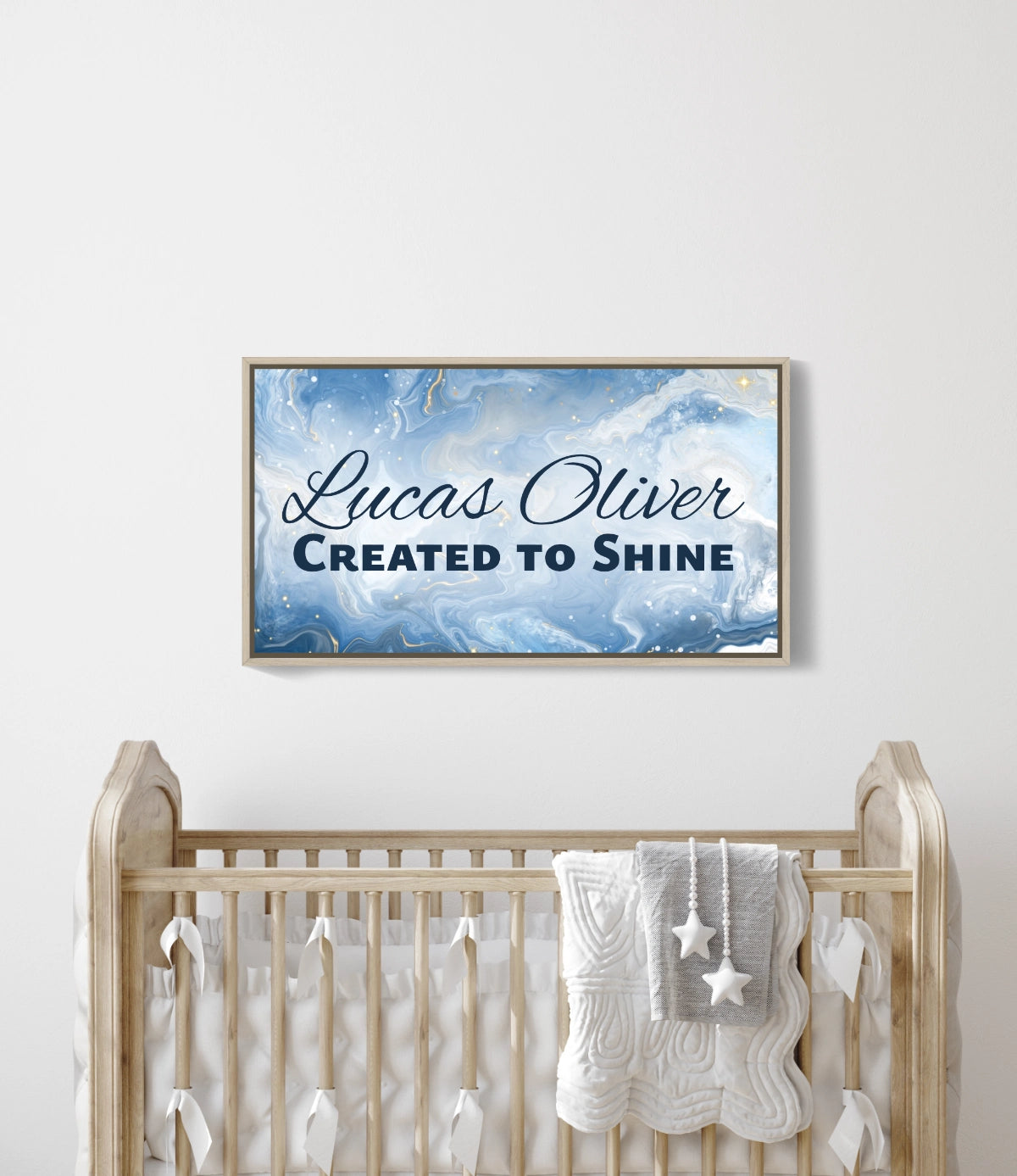 Personalized nursery room wall art printed on a framed, stretched canvas and displayed on a white wall.