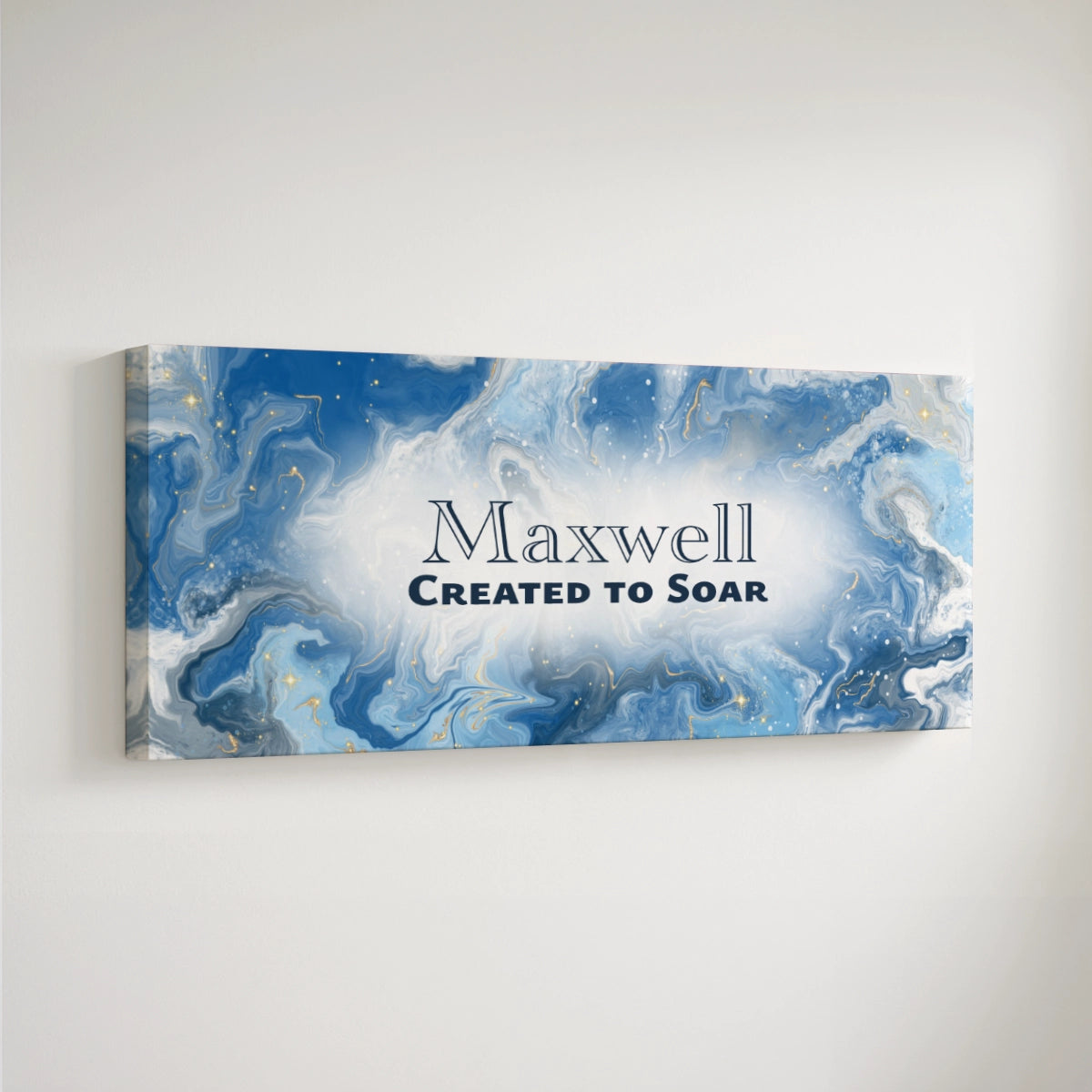 Personalized nursery room art printed on a stretched canvas and displayed on a white wall.