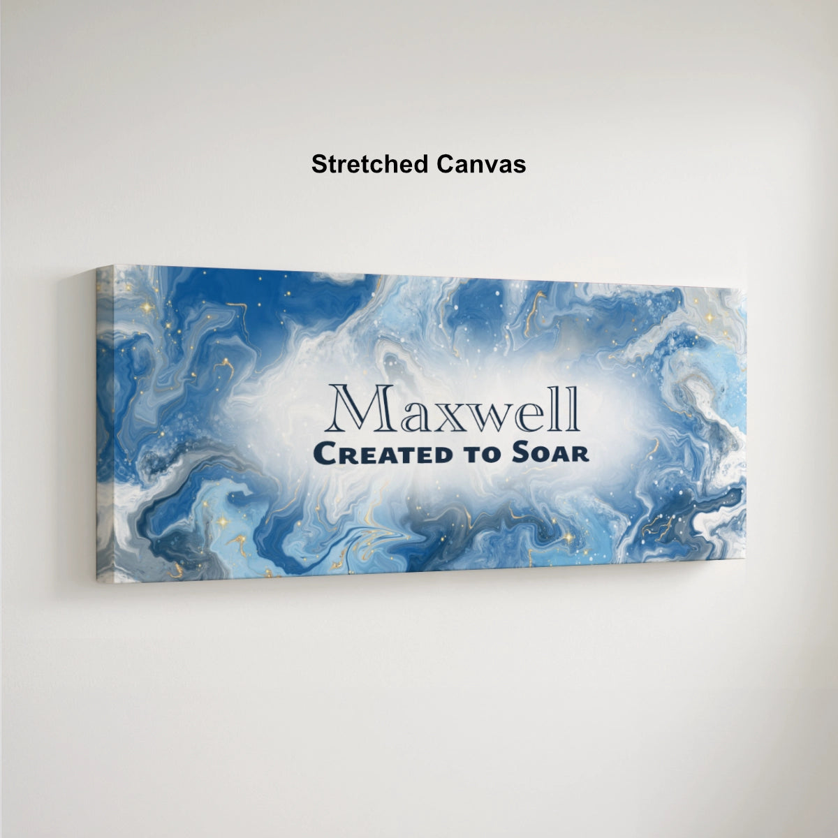 Personalized nursery room art printed on a stretched canvas and displayed on a white wall.