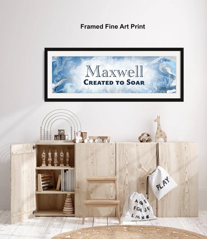 Personalized nursery room wall art above a wooden toy cabinet.