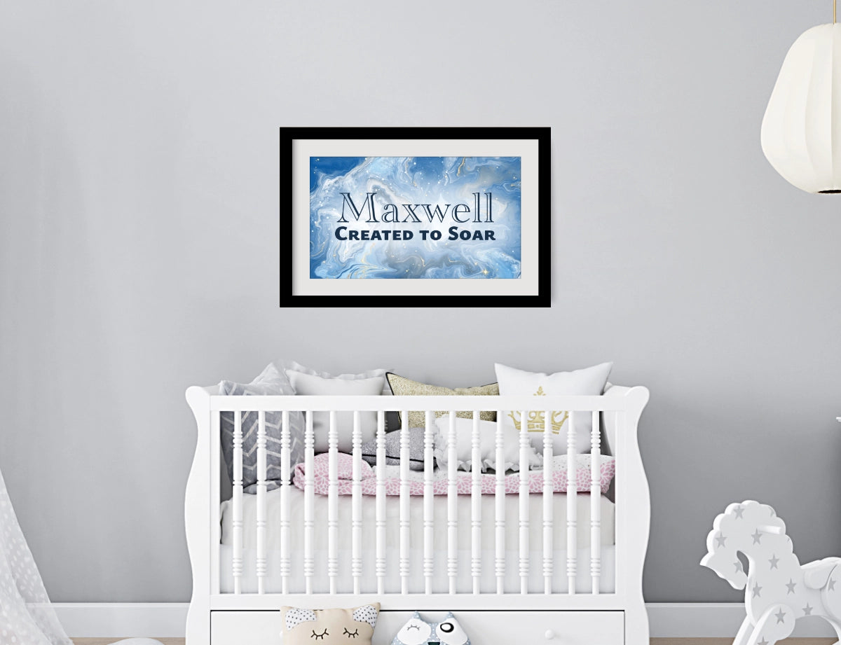 Personalized nursery room wall art printed with a white border, framed and displayed on a wall above a crib.