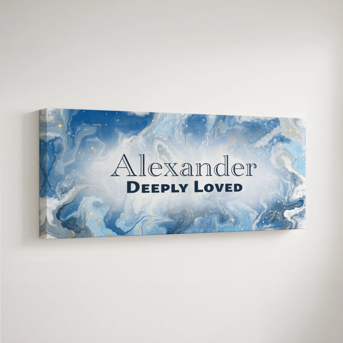 Personalized nursery room art printed on a stretched canvas and displayed on a white wall.