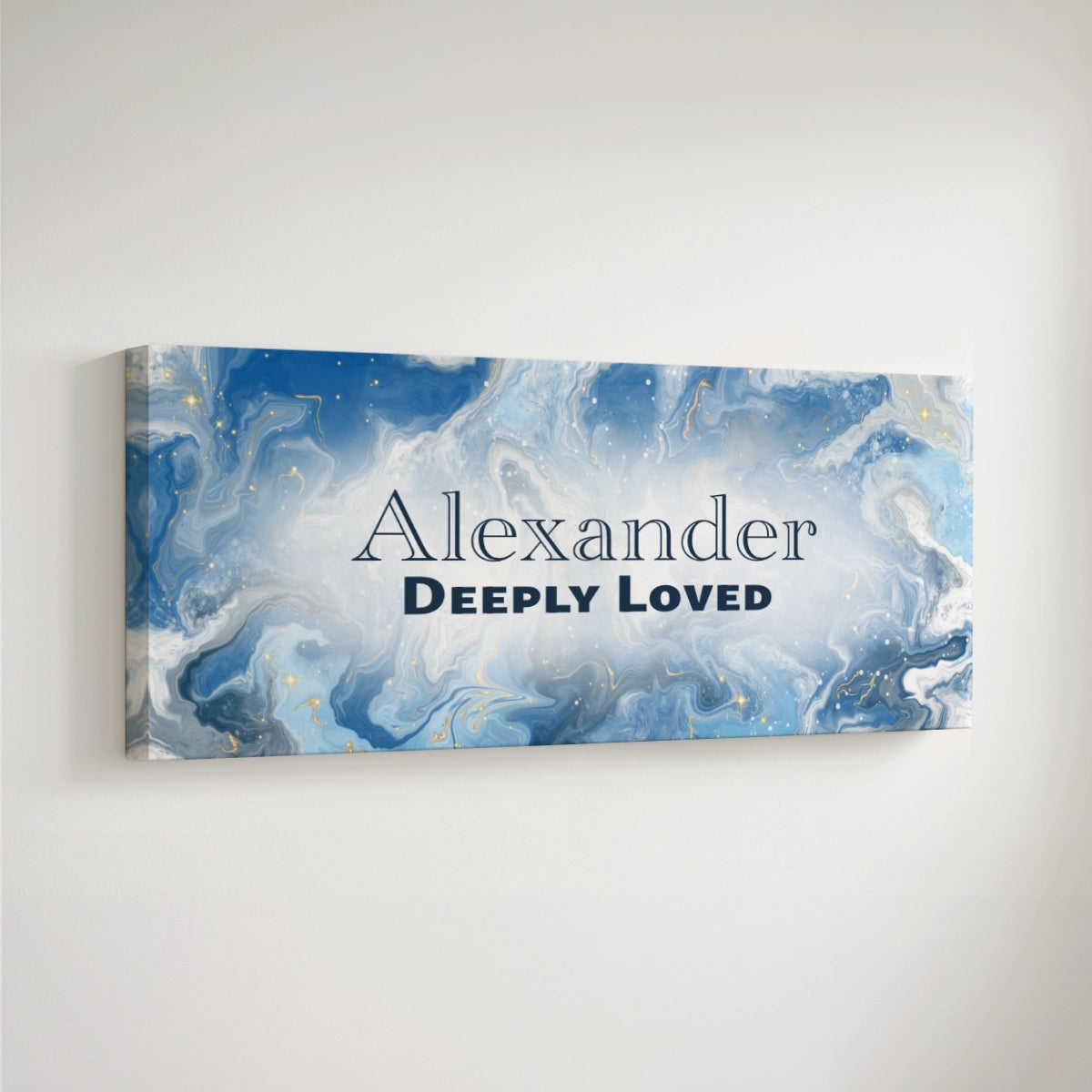 Personalized nursery room art printed on a stretched canvas and displayed on a white wall.