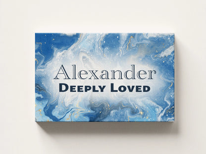 Personalized nursery room wall art printed on a stretched canvas and displayed on a white wall.