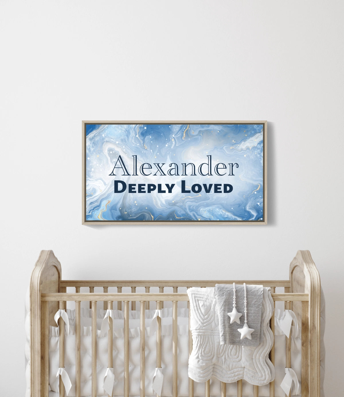 Personalized nursery room wall art printed on a framed, stretched canvas and displayed on a white wall.