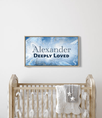 Personalized nursery room wall art printed on a framed, stretched canvas and displayed on a white wall.