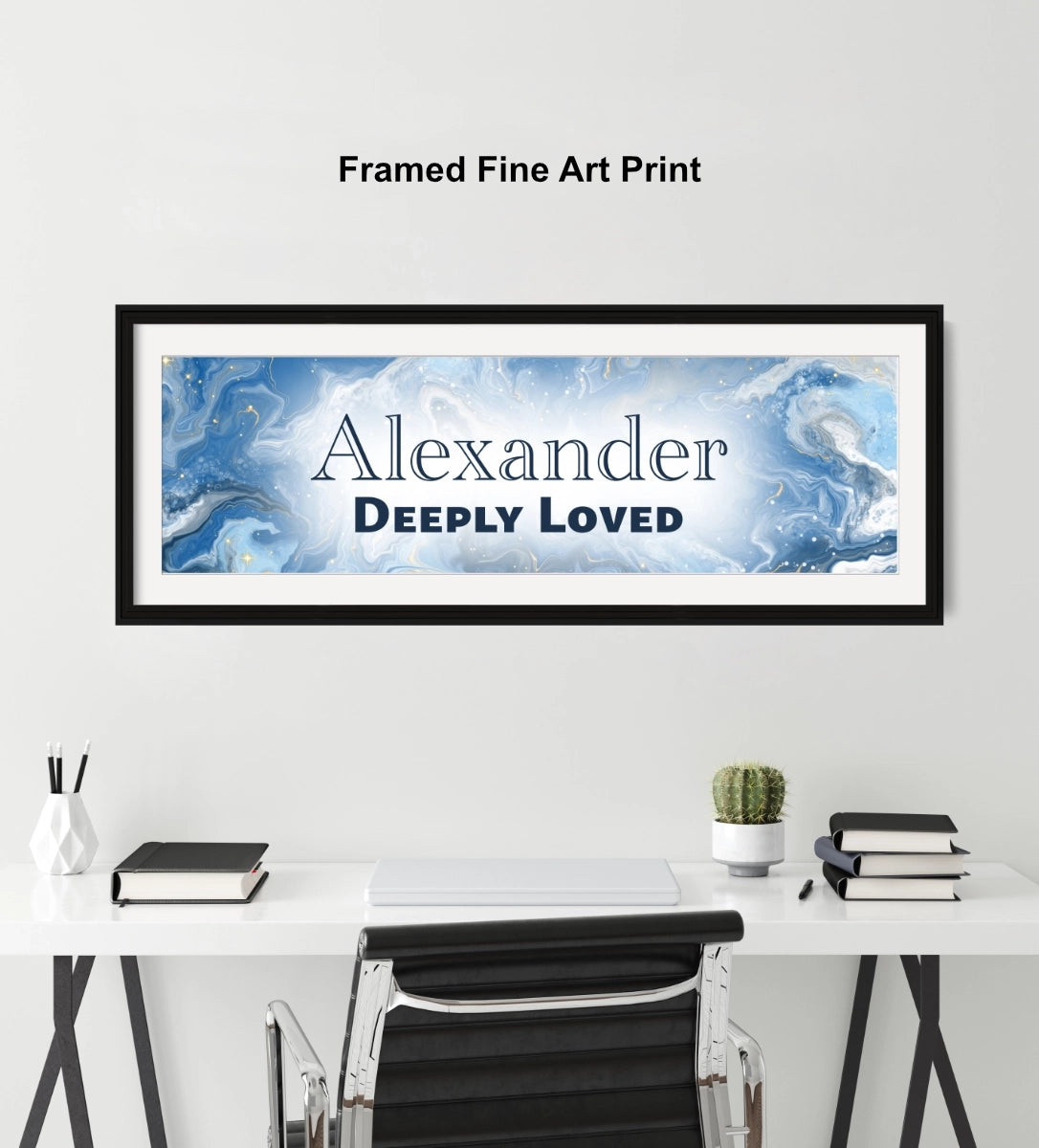 Personalized name sign on a wall above a desk.