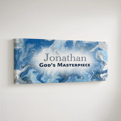Personalized nursery room art printed on a stretched canvas and displayed on a white wall.