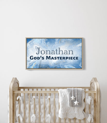 Personalized nursery room wall art printed on a framed, stretched canvas and displayed on a white wall.