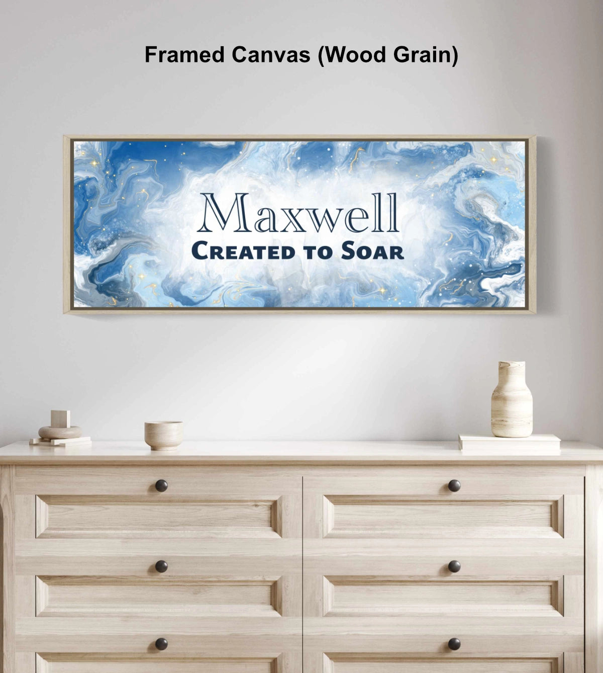 Personalized nursery room wall art above a dresser.