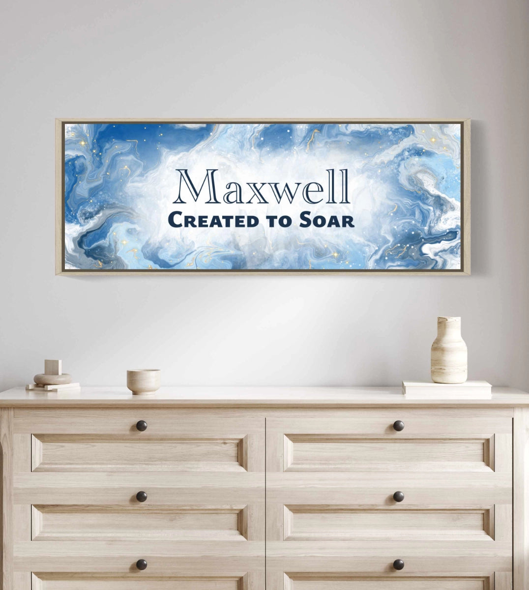 Framed, personalized wall art with ‘Maxwell Created to Soar&