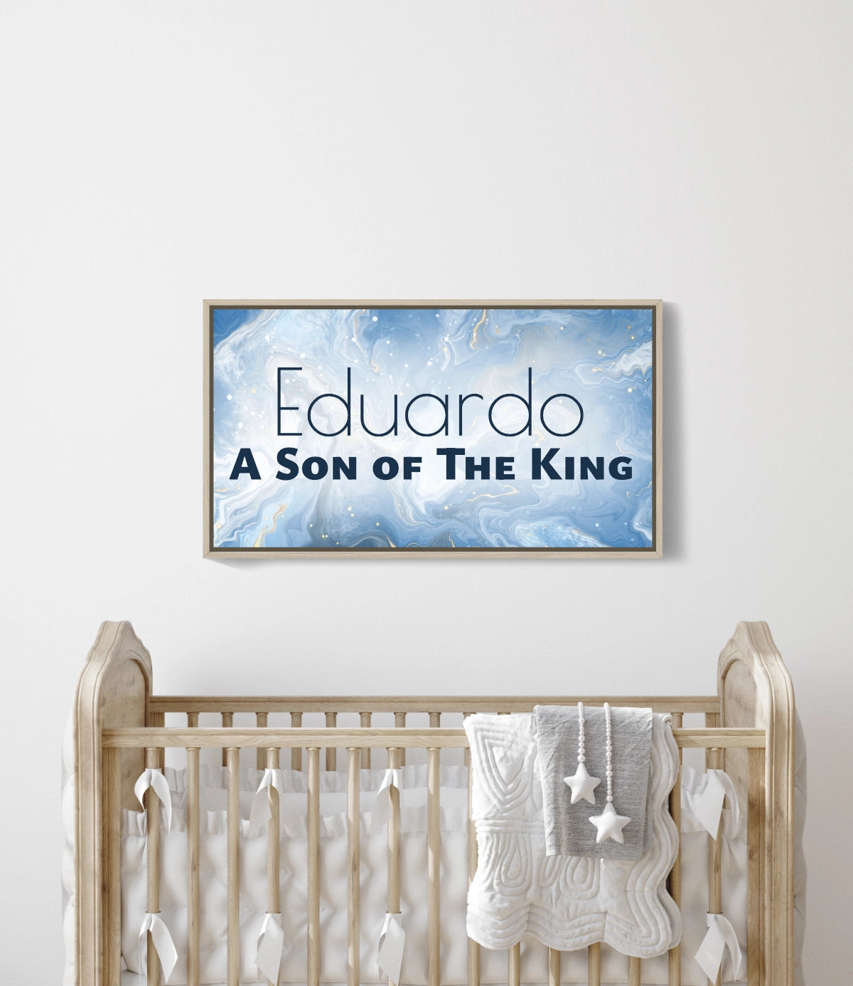 Personalized nursery room wall art printed on a framed, stretched canvas and displayed on a white wall.