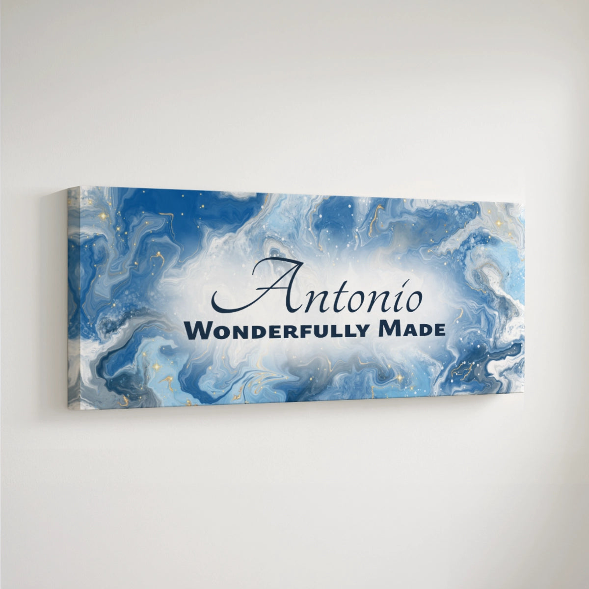 Personalized nursery room art printed on a stretched canvas and displayed on a white wall.