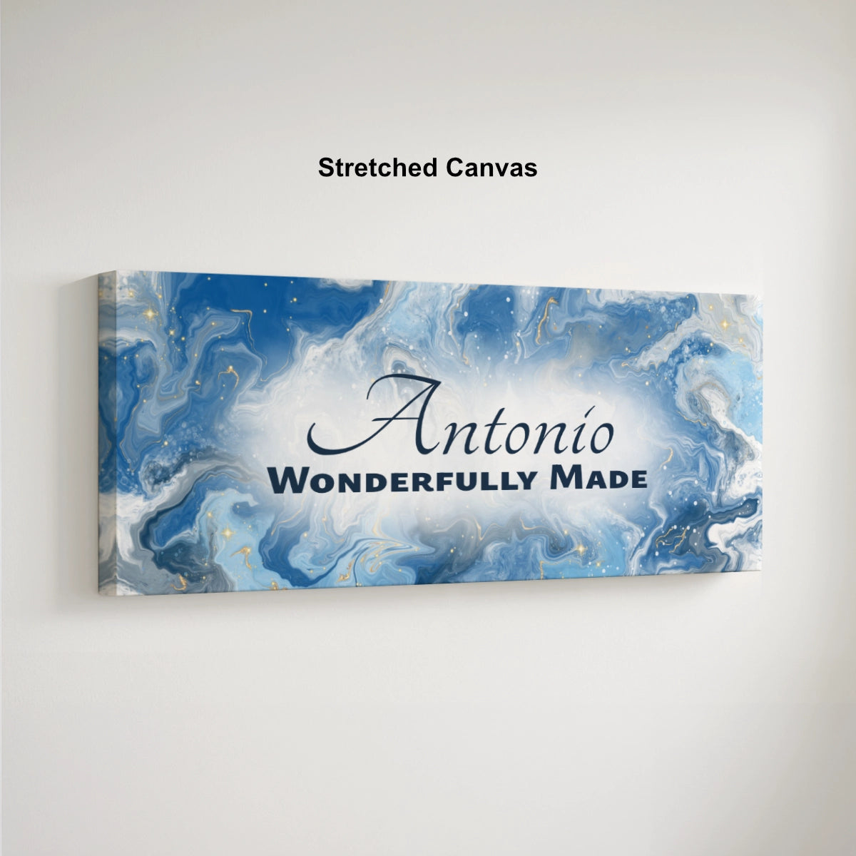 Personalized nursery room art printed on a stretched canvas and displayed on a white wall.