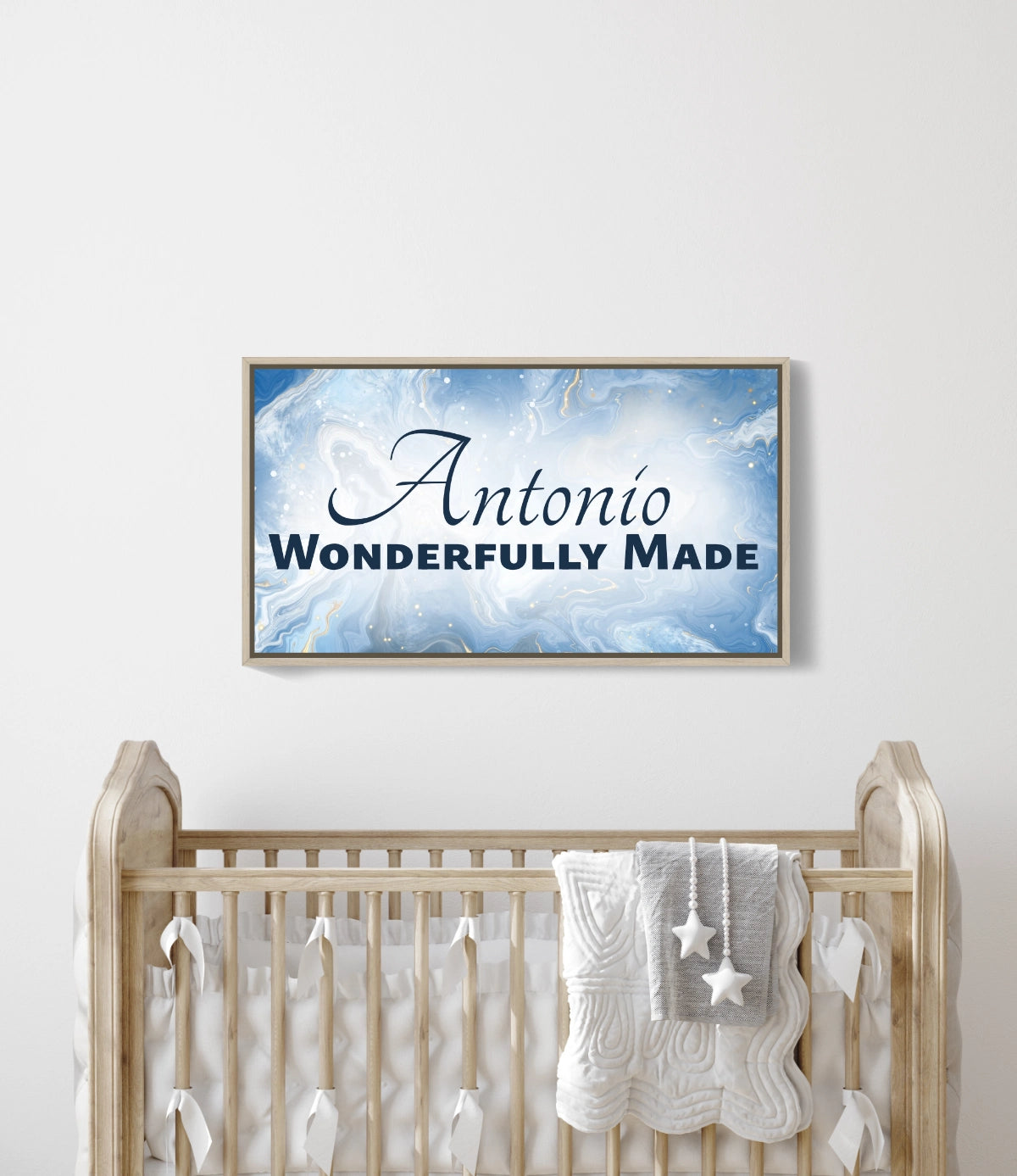 Personalized nursery room wall art printed on a framed, stretched canvas and displayed on a white wall.