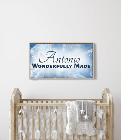 Personalized nursery room wall art printed on a framed, stretched canvas and displayed on a white wall.