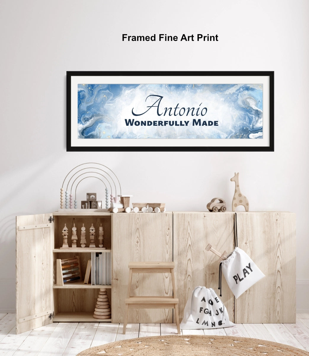 Personalized playroom wall decor above a wooden toy cabinet.
