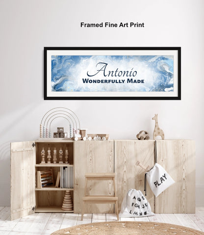 Personalized playroom wall decor above a wooden toy cabinet.