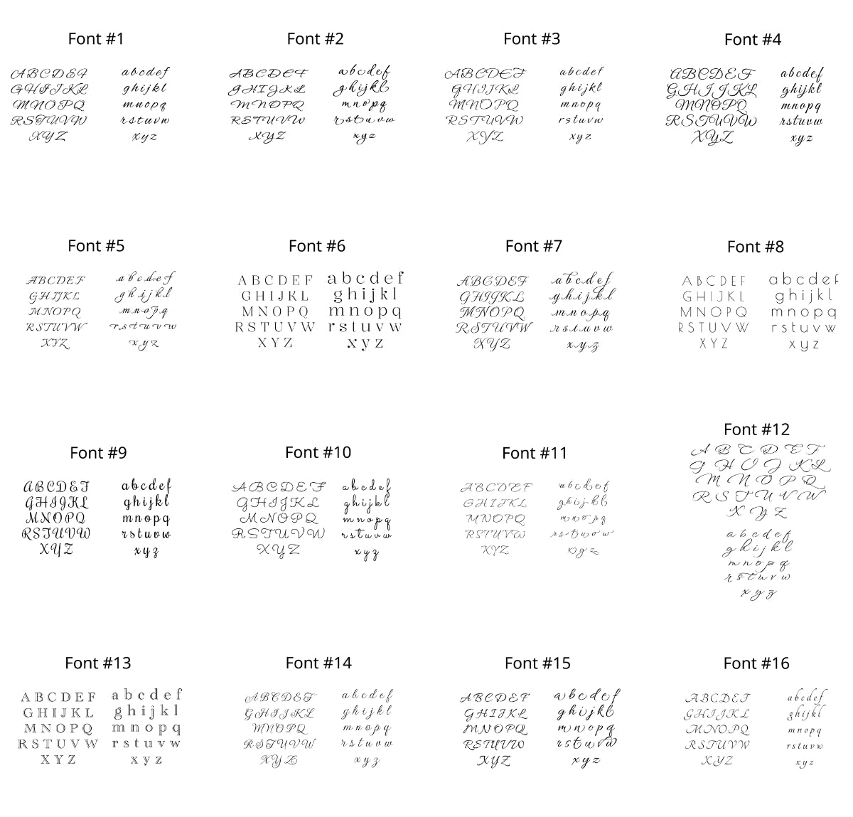 Comparison chart of 16 different fonts with sample text on a white background