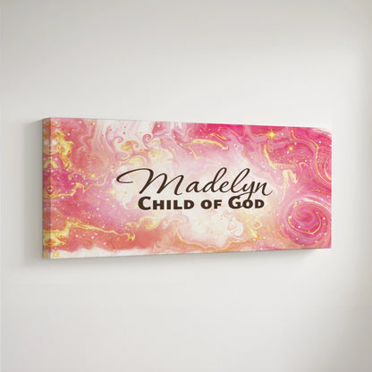 Personalized nursery room art printed on a stretched canvas and displayed on a white wall.