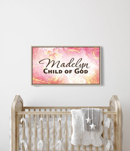 Personalized nursery room wall art printed on a framed, stretched canvas and displayed on a white wall.