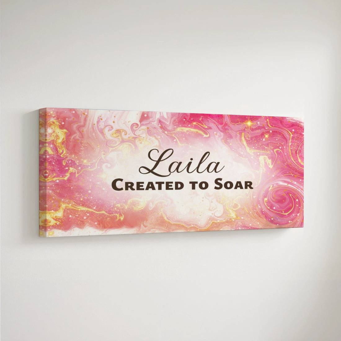 Personalized nursery room art printed on a stretched canvas and displayed on a white wall.