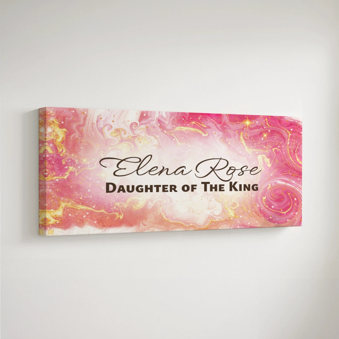 Personalized nursery room art printed on a stretched canvas and displayed on a white wall.