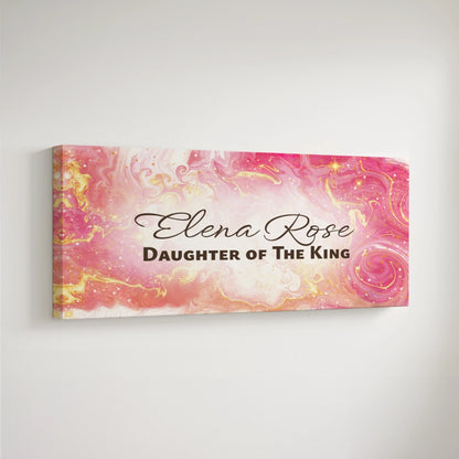 Personalized nursery room art printed on a stretched canvas and displayed on a white wall.