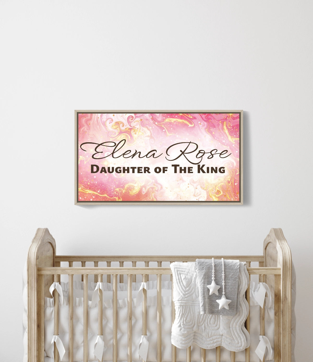 Personalized nursery room wall art printed on a framed, stretched canvas and displayed on a white wall.