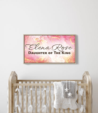 Personalized nursery room wall art printed on a framed, stretched canvas and displayed on a white wall.